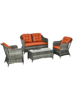 Outsunny Four-Piece Rattan Sofa Set, with Glass-Top Table - Orange