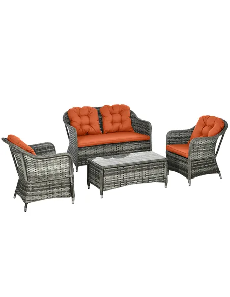 Outsunny Four-Piece Rattan Sofa Set, with Glass-Top Table - Orange
