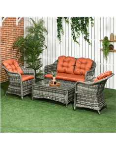 Outsunny Four-Piece Rattan Sofa Set, with Glass-Top Table - Orange 2
