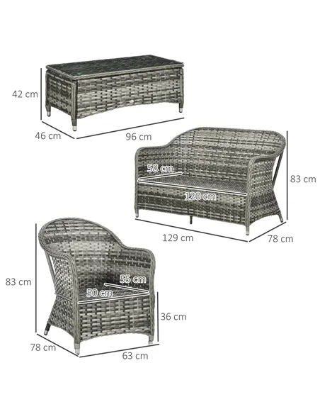 Outsunny Four-Piece Rattan Sofa Set, with Glass-Top Table - Orange