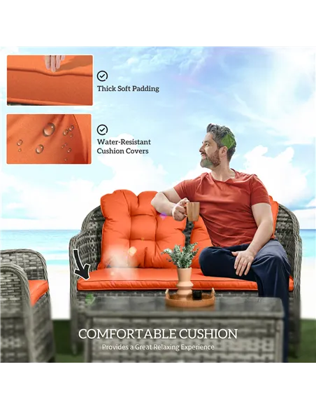 Outsunny Four-Piece Rattan Sofa Set, with Glass-Top Table - Orange