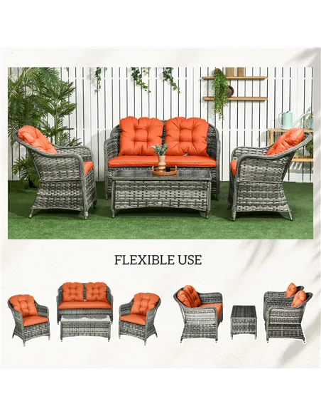 Outsunny Four-Piece Rattan Sofa Set, with Glass-Top Table - Orange