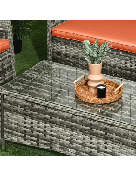 Outsunny Four-Piece Rattan Sofa Set, with Glass-Top Table - Orange