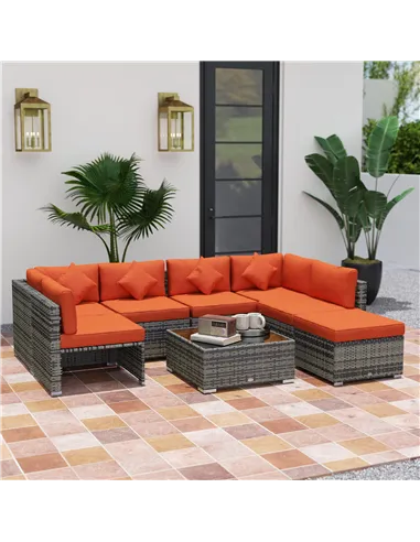 Outsunny Eight-Piece Rattan Sofa Set - Orange/Grey