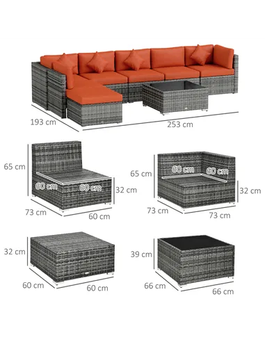 Outsunny Eight-Piece Rattan Sofa Set - Orange/Grey