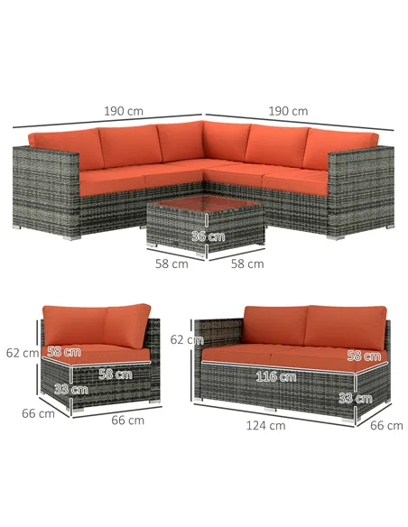 Outsunny Four-Piece Rattan Sofa Set - Orange/Grey