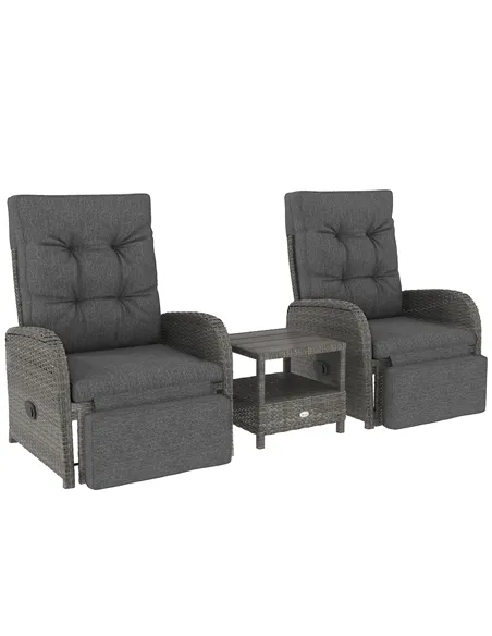 Outsunny 2 Seater Patio Rattan Wicker Chaise Lounge Sofa Set w/ Cushion for Patio Garden Porch, Grey