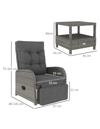 Outsunny 2 Seater Patio Rattan Wicker Chaise Lounge Sofa Set w/ Cushion for Patio Garden Porch, Grey