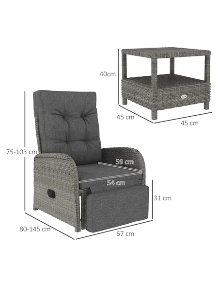 Outsunny 2 Seater Patio Rattan Wicker Chaise Lounge Sofa Set w/ Cushion for Patio Garden Porch, Grey