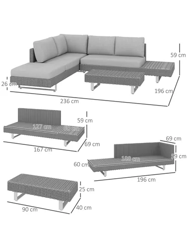 Outsunny 5-Seater Rattan Wicker Sofa Set Furniture Patio Tea Table Set with Cushions, Light Grey