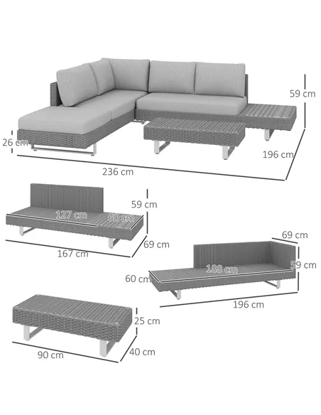 Outsunny 5-Seater Rattan Wicker Sofa Set Furniture Patio Tea Table Set with Cushions, Light Grey