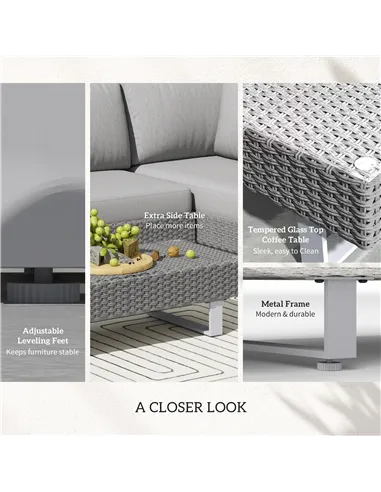 Outsunny 5-Seater Rattan Wicker Sofa Set Furniture Patio Tea Table Set with Cushions, Light Grey