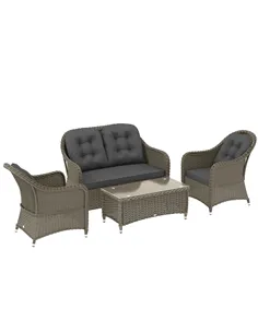 Outsunny Four-Piece Rattan Sofa Set, with Glass-Top Table - Light Grey