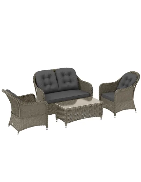 Outsunny Four-Piece Rattan Sofa Set, with Glass-Top Table - Light Grey
