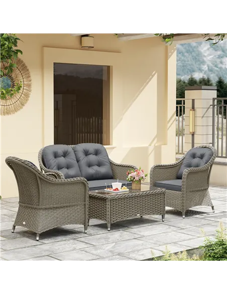 Outsunny Four-Piece Rattan Sofa Set, with Glass-Top Table - Light Grey
