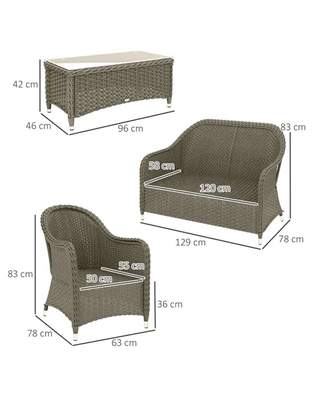 Outsunny Four-Piece Rattan Sofa Set, with Glass-Top Table - Light Grey
