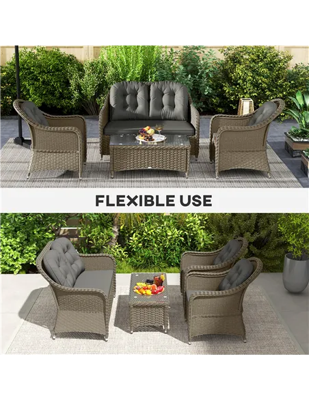 Outsunny Four-Piece Rattan Sofa Set, with Glass-Top Table - Light Grey