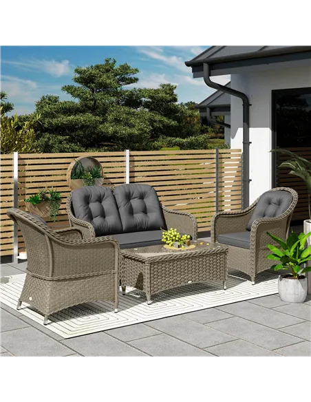 Outsunny Four-Piece Rattan Sofa Set, with Glass-Top Table - Light Grey