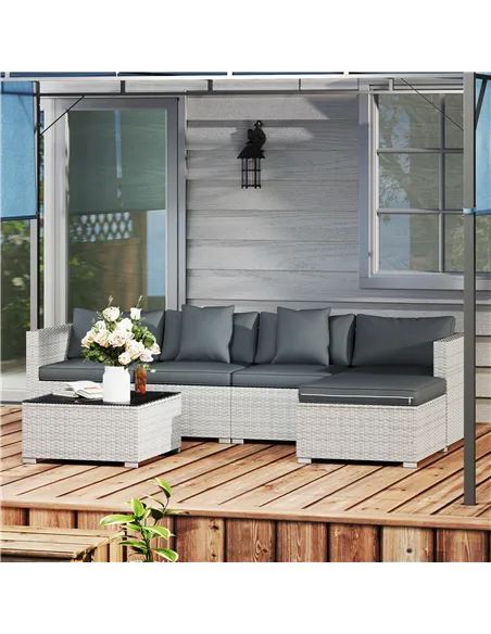 Outsunny 6 Pieces Rattan Corner Sofa Set - Mixed Grey