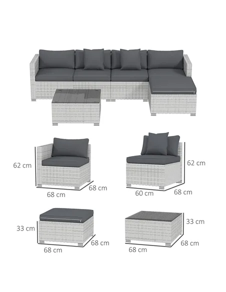 Outsunny 6 Pieces Rattan Corner Sofa Set - Mixed Grey