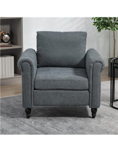 HOMCOM Vintage Accent Chair, Upholstered Occasional Chair with Back Pillow, Rolled Arms,  Rubber Wood Legs, Grey