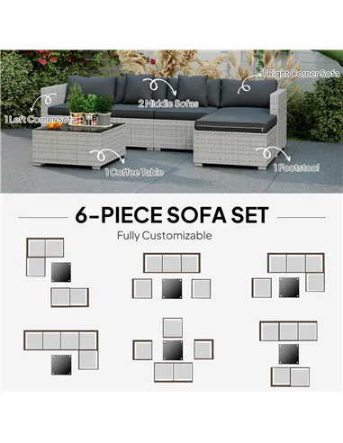 Outsunny 6 Pieces Rattan Corner Sofa Set - Mixed Grey