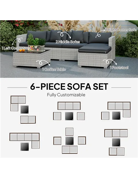 Outsunny 6 Pieces Rattan Corner Sofa Set - Mixed Grey
