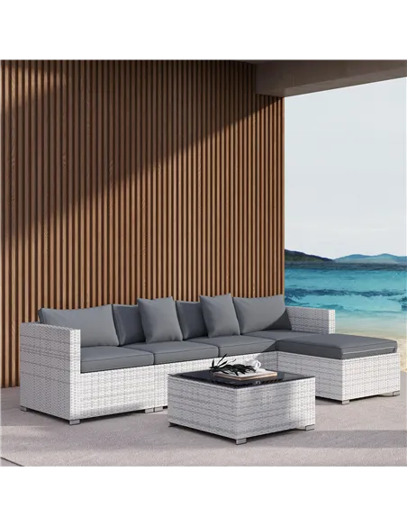 Outsunny 6 Pieces Rattan Corner Sofa Set - Mixed Grey