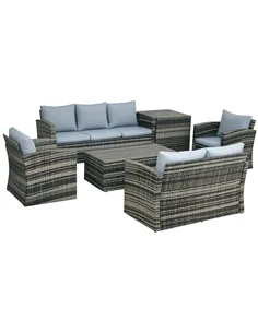 Outsunny 6 Pieces Rattan Garden Furniture Set, 7 Seater Wicker Outdoor Furniture Set with Storage Tea Table & Side Table, Sectio