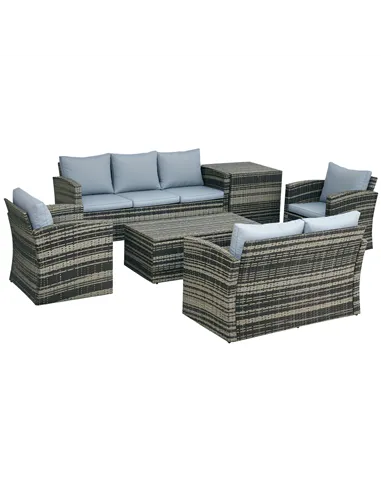 Outsunny 6 Pieces Rattan Garden Furniture Set, 7 Seater Wicker Outdoor Furniture Set with Storage Tea Table & Side Table, Sectio