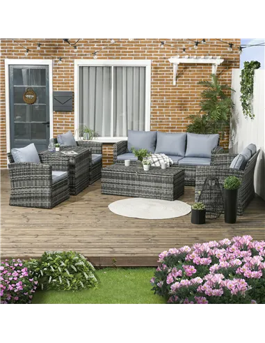 Outsunny 6 Pieces Rattan Garden Furniture Set, 7 Seater Wicker Outdoor Furniture Set with Storage Tea Table & Side Table, Sectio