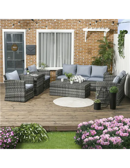 Outsunny 6 Pieces Rattan Garden Furniture Set, 7 Seater Wicker Outdoor Furniture Set with Storage Tea Table & Side Table, Sectio