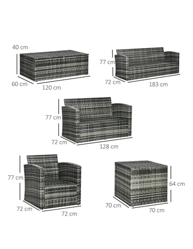 Outsunny 6 Pieces Rattan Garden Furniture Set, 7 Seater Wicker Outdoor Furniture Set with Storage Tea Table & Side Table, Sectio