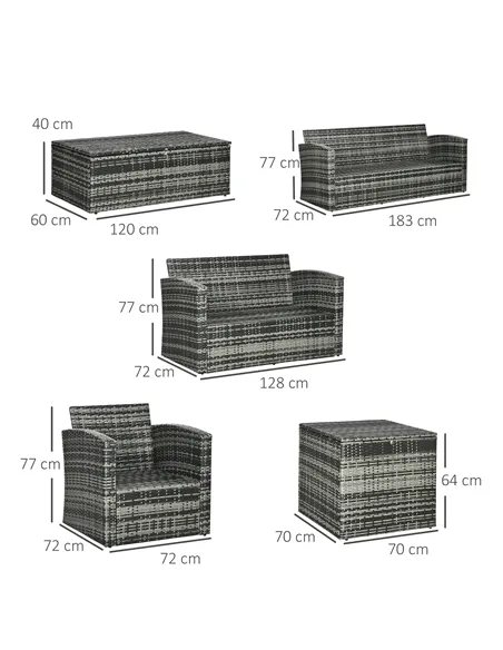 Outsunny 6 Pieces Rattan Garden Furniture Set, 7 Seater Wicker Outdoor Furniture Set with Storage Tea Table & Side Table, Sectio