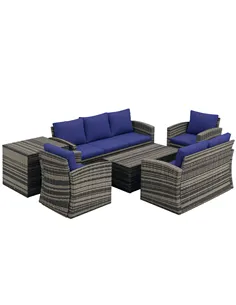 Outsunny 6 Pieces Rattan Garden Furniture Set, 7 Seater Wicker Outdoor Furniture Set with Storage Tea Table & Side Table, Sectio