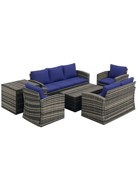 Outsunny 6 Pieces Rattan Garden Furniture Set, 7 Seater Wicker Outdoor Furniture Set with Storage Tea Table & Side Table, Sectio
