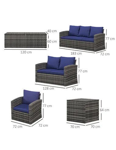 Outsunny 6 Pieces Rattan Garden Furniture Set, 7 Seater Wicker Outdoor Furniture Set with Storage Tea Table & Side Table, Sectio