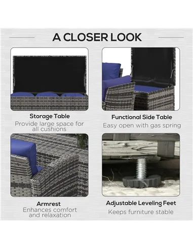 Outsunny 6 Pieces Rattan Garden Furniture Set, 7 Seater Wicker Outdoor Furniture Set with Storage Tea Table & Side Table, Sectio