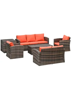 Outsunny 6 Pieces Rattan Garden Furniture Set, 7 Seater Wicker Outdoor Furniture Set with Storage Tea Table & Side Table, Sectio
