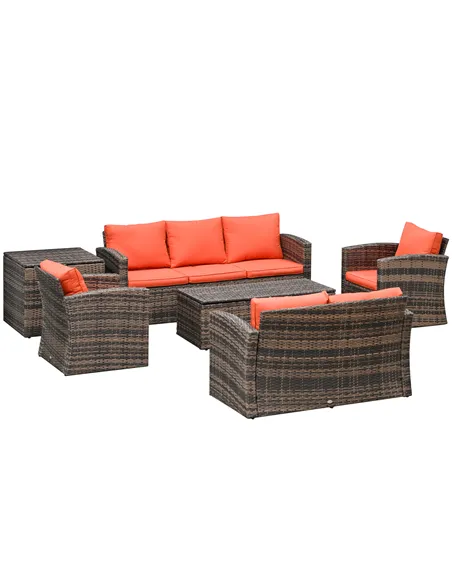 Outsunny 6 Pieces Rattan Garden Furniture Set, 7 Seater Wicker Outdoor Furniture Set with Storage Tea Table & Side Table, Sectio