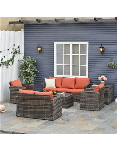 Outsunny 6 Pieces Rattan Garden Furniture Set, 7 Seater Wicker Outdoor Furniture Set with Storage Tea Table & Side Table, Sectio