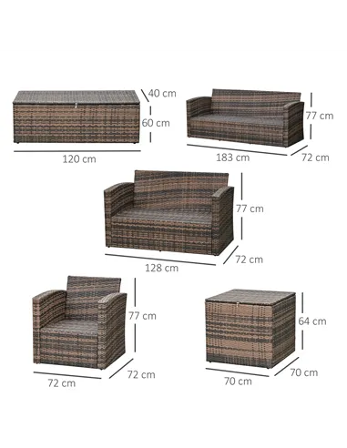 Outsunny 6 Pieces Rattan Garden Furniture Set, 7 Seater Wicker Outdoor Furniture Set with Storage Tea Table & Side Table, Sectio