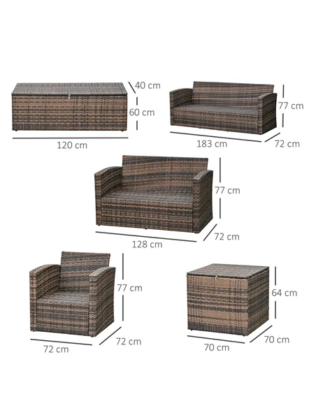 Outsunny 6 Pieces Rattan Garden Furniture Set, 7 Seater Wicker Outdoor Furniture Set with Storage Tea Table & Side Table, Sectio