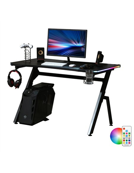 HOMCOM RGB 120 x 66cm Gaming Desk, Computer Table with Carbon Fibre Surface, Headphone Hook, Cup Holder, Controller Rack, Home O