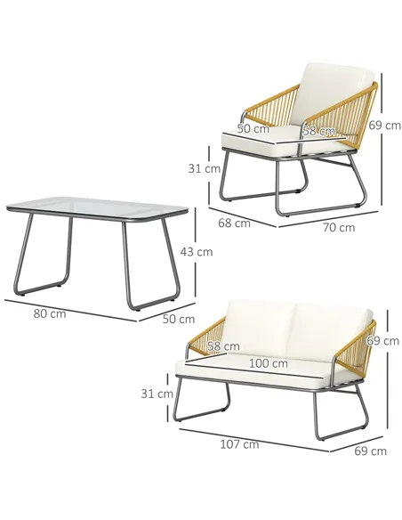 Outsunny Four-Piece Rattan Strong Panel Outdoor Sofa Set - Natural