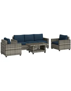 Outsunny Six-Piece Modular Rattan Sofa Set - Navy Blue