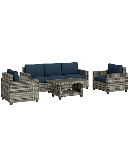 Outsunny Six-Piece Modular Rattan Sofa Set - Navy Blue