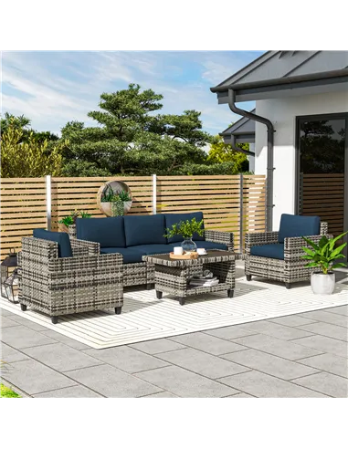 Outsunny Six-Piece Modular Rattan Sofa Set - Navy Blue