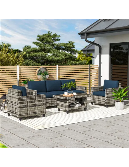Outsunny Six-Piece Modular Rattan Sofa Set - Navy Blue