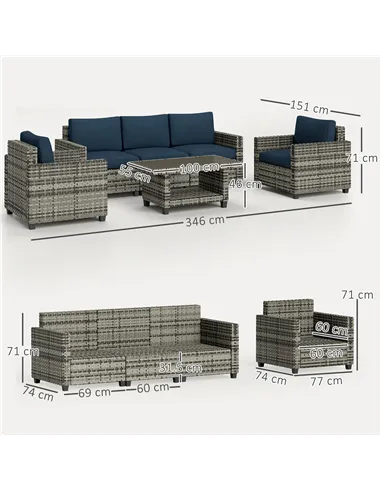 Outsunny Six-Piece Modular Rattan Sofa Set - Navy Blue